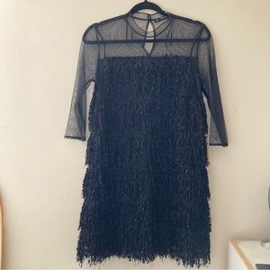 Zara Black Sheer Beaded Fringe Mini Dress